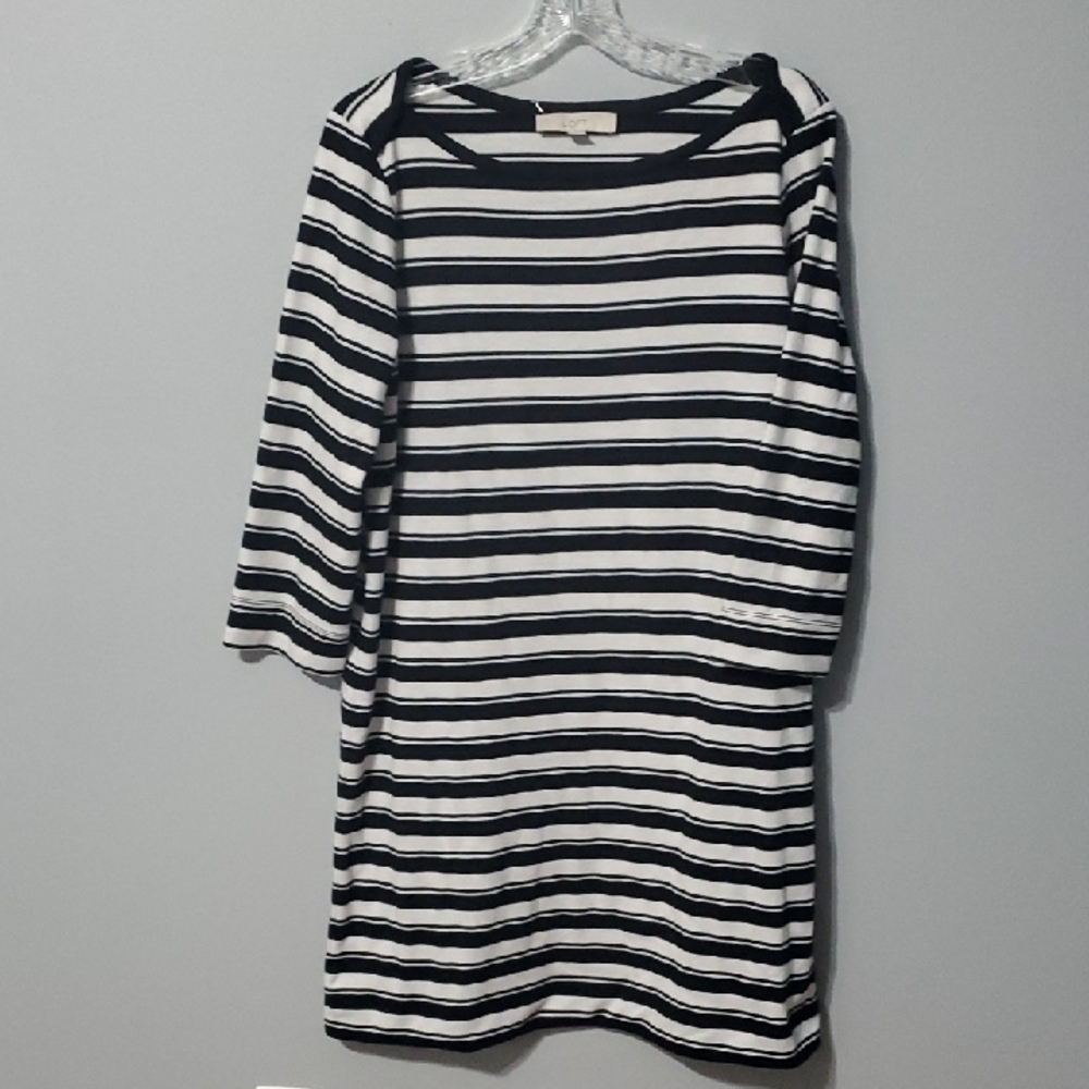 LOFT dress women’s size large Black White stripe Sheath Dress‎ Raglan 3/4 Sleeve